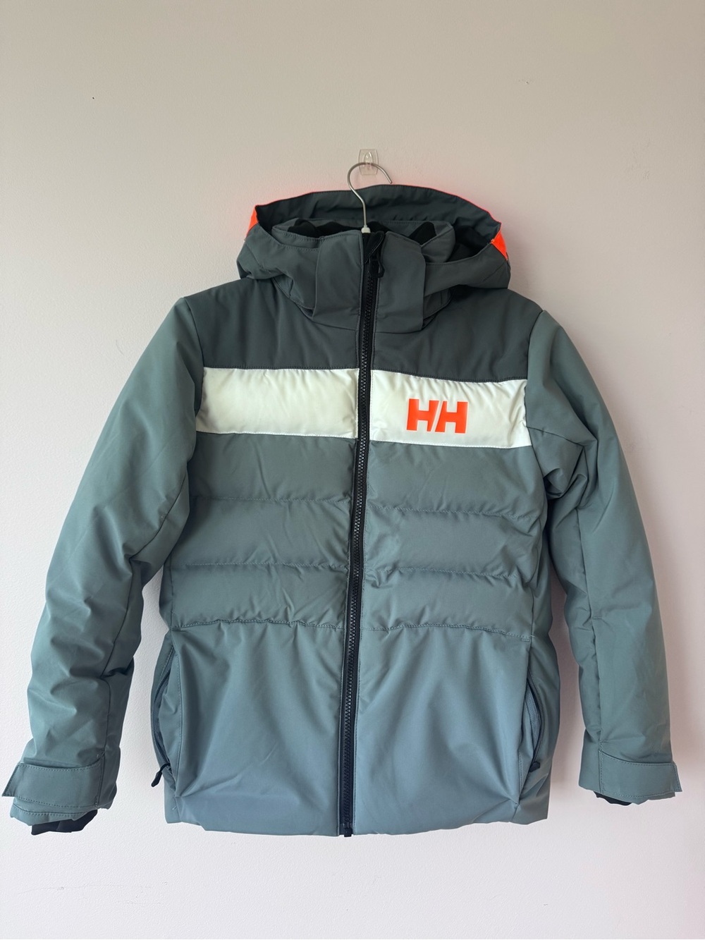 Helly Hansen Kids 140/10 Grey Orange Waterproof Ski Jacket Puffer Coat Warm